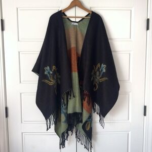 Boho Floral Reversible Open Front Poncho Wrap One Size Black Fringe Oversized
